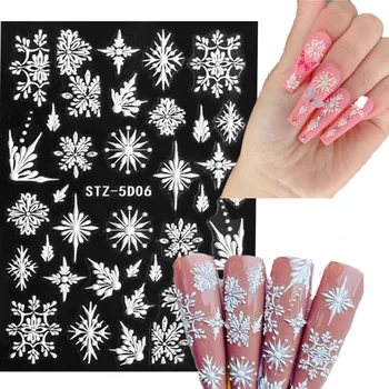 5D Biele snehové Vločky, Plastický Nálepky Vianoce, Nový Rok Nail Art Design Zimné Akryl Kvety Manikúra Jazdca Obtlačky NL206-202