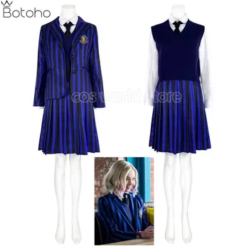 Streda Addams Cosplay Kostým Enid Modrá Nevermore Školskú Uniformu Oblek Pre Ženy Bunda Vesta Tričko Sukne Celý Set Party Oblečenie