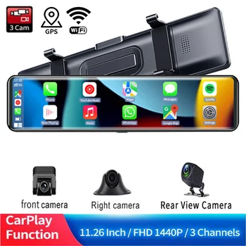 3 Kamery 1440P+1080P+1080P Spätné Zrkadlo Dash Cam Carplay&Android Auto, Wifi, GPS Navigácia, FM Prenos Auta DVR Kamera