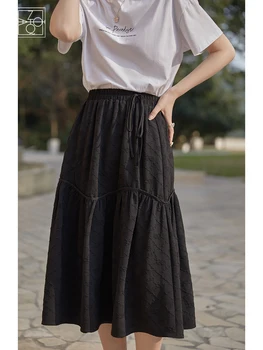 ZIQIAO Japonský Luk Dekorácie Elastický Pás A-LINE Šaty Vysoký Pás Čierne Textúrou Žakárové Sukne Office Lady Jar Sukne