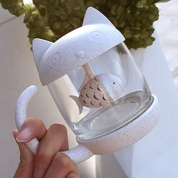 Kreslených Mačka Šálku Čaju s Rybami filter vysoko kvalitný silikón sklo nečistôt pohár Tvorivé hrnček čaju nastaviť