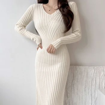 Khaki Vintage Pletené Šaty pre Ženy 2022 Jeseň tvaru Elegantné Vlna Vestido Dámy kórejský Elegantný Plášť Knitwear Zimné OL