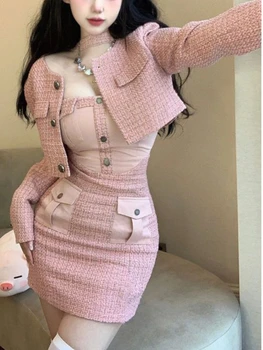 Zimné Pink Elegantné Dvojdielne Plavky Sukne Nastaviť Ženy Sexy Patchwork Y2k Mini Šaty, Oblek, Žena Bežné Kórejský Módny Návrhár Nastaviť 2022