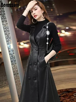 Nerazzurri Letné dlhé čierne pu kožené šaty žien popruh midi faux kožené šaty pre ženy 2021 Dámske Elegantné kórejský móda