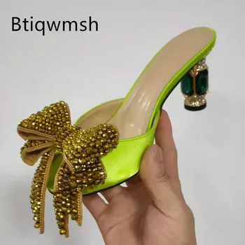 Luxusné Saténové Drahokamu Sandále Ženy, Otvorené Prst Gold Crystal Motýľ Uzol Jewlled Vysoké Podpätky, Topánky Ženu Sexy Tkaných Papuče