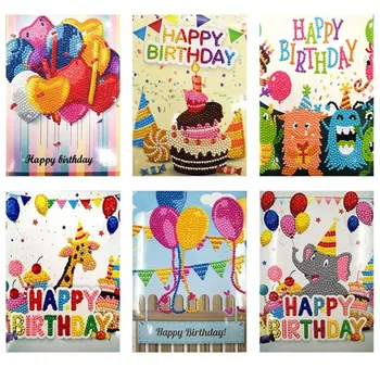 Happy Birthday Karty Diy Diamond Maľovanie karty pre deti a rodinu Bithday darčeky diamond pohľadnice 6 ks