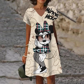 Letné dámske Elegantné Disney Minnie Mickey Mouse 3D Tlačené Šaty V Krku, Krátke Rukávy Šaty Bežné Ženské Boho Voľné Šaty