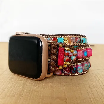 Bohemia Multi Zábal Prírodného Kameňa Náramok pre Apple Smart Watchbands Farebné Kamenné Kožené Lano pre iWatch Série Watchbands