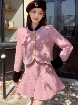 Vysoká Kvalita Malé Vôňa Tweed 2 Ks Súpravy Ženy Oblečenie Kórejský Módne Sladké Krátka Bunda, Kabát + Sukne Dve Kus Vyhovuje