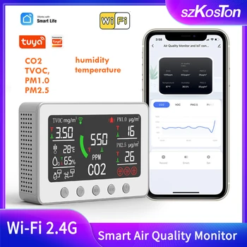 Tuya Wi-Fi Smart Kvality Ovzdušia Monitor CO2 PM2.5 PM1.0 TVOC Formaldehyd Detektor Teplota Vlhkosť Presné NDIR, CO2 Senzor