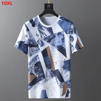 Letné nové plus veľkosť pánske ľadové hodváb, bavlna T-shirt geometrické wild pol-rukávy tide-krátke rukávy 10XL 9XL nadrozmerné t tričko