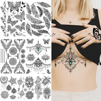 Underboob Henna Dočasné Tetovanie Pre Ženy, Dievčatá Pierko Motýľ DreamCatcher Falošné Gem Tetovanie Nálepky Hrudníka A Ramena Tatoos Tribal