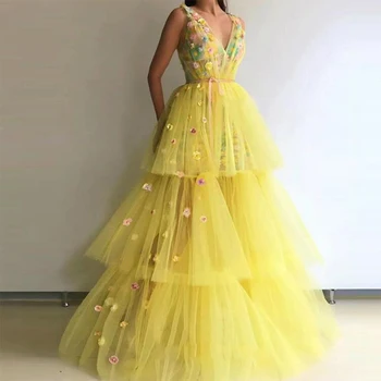 3D Kvety Žlté Šaty Ples Long Double V Krku bez Rukávov Viazané Formálne Večerné Party Šaty A-line Pláži Princezná Šaty