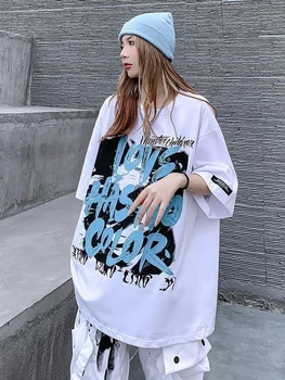 Harajuku Ženy T-shirts Vintgae kórejský Módne List Tlač Krátke Rukáv Tričko Vysokej Ulici Voľné Topy 2022 Letné Oblečenie Y2k
