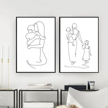 Matka A Dcéra, Syn Umenie Line Kreslenie Plagátov Abstraktné Minimalistický Wall Art Plátno Tlačiť Maľovanie Moderne A Príjemné Izby Dekoratívne Obrázky