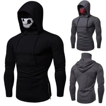Jeseň Nové Elastické Fitness Mužov Ninja Oblek s Kapucňou Tenkým Dlhým rukávom T-shirt Call of Duty Ghost Lebky Maska Osobnosti Topy