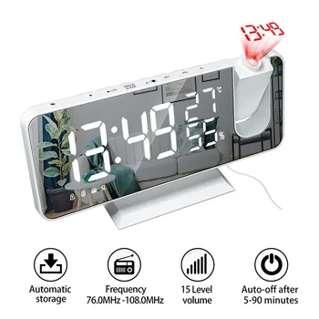 LED Digitálny Projekčný Budík, FM Rádio, Displej Teplotu Vlhkosť USB Wake Multifunkčné Elektronické Ploche Hodiny