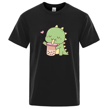 Zelené Malé Dinosaura S Bubble Tea T-Shirts Muž Bežné Bavlnené Tričko V Lete Priedušné Oblečenie Príležitostné Voľné Mens T-Shirts