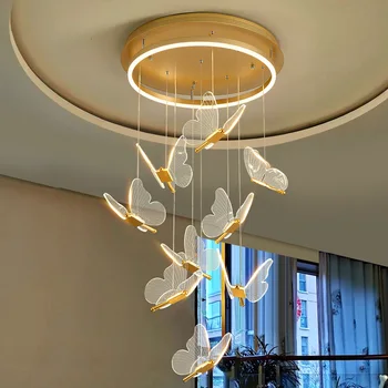 Umenie Schodisko Luster Akryl Zlatý Motýľ LED Stmievateľné Prívesok lampy Nordic Duplex Duilding Lobby Luster Dekorácie