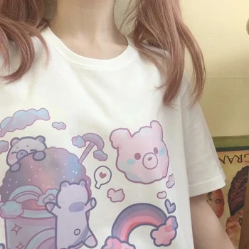 Japonský Harajuku Anime Ženy T-shirts Módne Žena Blúzky 2022 Krátky Rukáv T Shirt Roztomilý Kreslený Medveď Tlač y2k Šaty, Topy