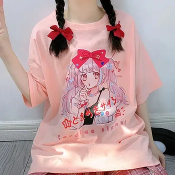 Letné Nové-Krátke Rukávy T-Shirt Žena Kawaii Harajuku Škole Štýl Japonský Komiks Dievča Tlač Voľne Žijúcich Oblečenie pre Ženy