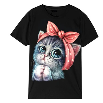 Dámske Letné Vytlačené Mačka Vzor Krátky Rukáv T-Shirt Voľné Tenké Čierne Trend Veľké Veľkosť