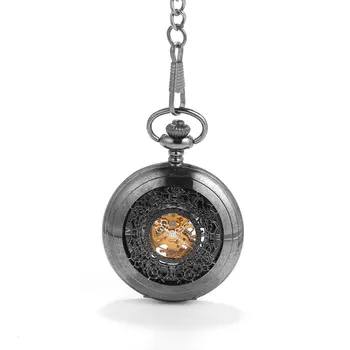 Black openwork vyrezávané mechanické vreckové hodinky bronz vreckové hodinky retro darček osobnosti tvorivý čierna tvár vreckové hodinky quartz