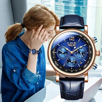 2022 LIGE Top Značky Luxusné Ženy Šaty Bežné Hodinky Quartz Dámske náramkové hodinky Kožené Nepremokavé Módne Hodiny Relogio Feminino