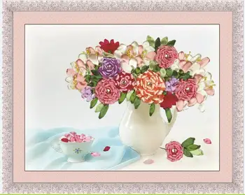 50x40cm 3D kvetinové vázy Hodvábna Stuha výšivky auta RUŽOVÉ kvety Kytice vyšívanie, plavidlá, šiť dodanie HOBBY Ručné Výšivky