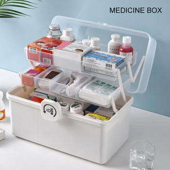 3/2 Vrstvy Prenosná Lekárnička Úložný Box S Vysokou Kapacitou Plastové Rodiny Núdzové Kit Box Pilulku Medicíny Organizátor S Rukoväťou