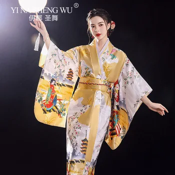 Nové Japonské kimono Ženy Sexy Kimono Yukata S Obi Novinka Tradičné Japonské Cosplay Kostým Satin Kvetinový Župan Jedna Veľkosť