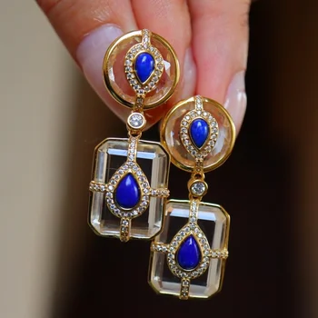 Prírodný Krištáľ Lapis Lazuli Handmade Náušnice Luxusnú Večeru Vlastné Šperky Mincový Striebro Ženy Klasický Dizajn Eardrop