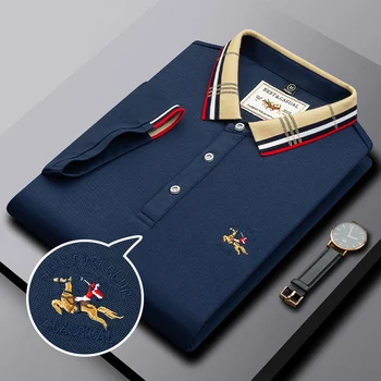 Letné Nové pánske Košele Polo-Krátke rukávy T-shirt Bavlna Farbou Business Vyšívané Slim Klope British Topy Mužov Oblečenie