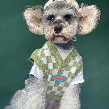 Pet Oblečenia na Jeseň a v Zime sa Pes Sveter Zelený Kockovaný Bradáči, francúzsky Buldog Malý Pes bez Rukávov Psa Vesta Šteňa Oblečenie
