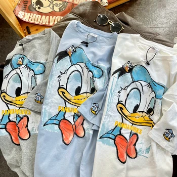 Disney Donald Duck, Módne Tričká pre Ženy 100% Bavlna, Krátky Rukáv Príležitostné Voľné Biela Šedá Letné dámske Košele 2022 Y2K Top