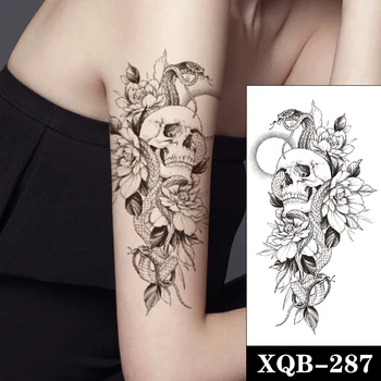 Dočasné Tetovanie Nálepky Čiernej Ruže Kvet Had Moon Skull Dizajn Falošné Tetovanie Nepremokavé Tatoos Rameno Veľké Veľkosti pre Ženy, Dievča