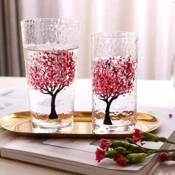 Romantický Rukopisu Sakura Sklo Pohár Bez Olova Transparentné Vody Pitnej Pohár Kladivo Vzor Japonského Čerešňového Kvet Pohár Šťavy
